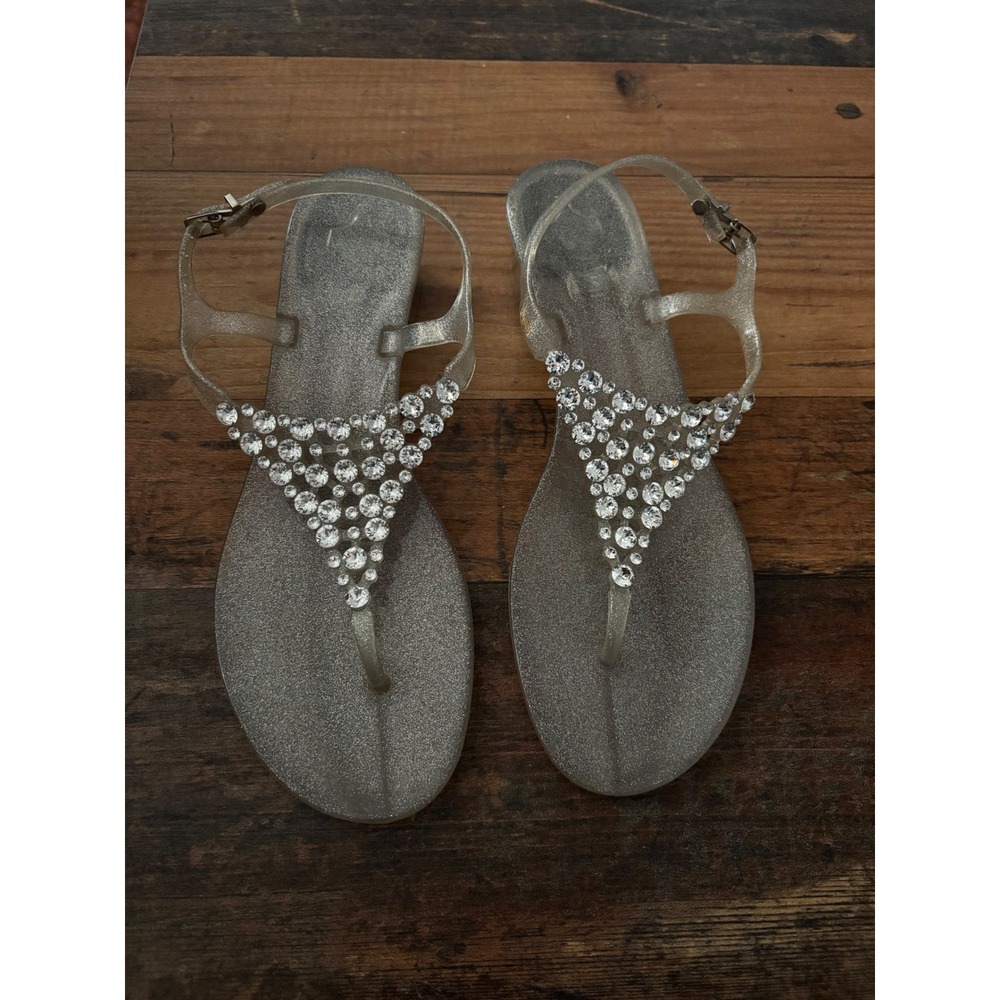 Menghi Glitter‎ Jelly Sandals Rhinestone T-Strap Block Heel Made in Italy 39